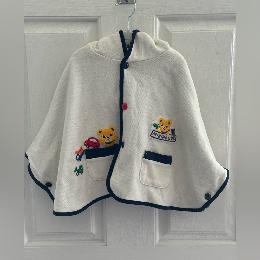 Cream Hooded Kids Poncho Jacket with Bear Patch